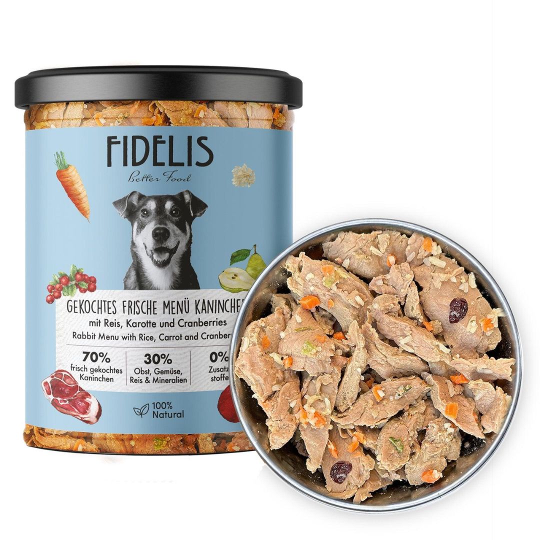 Fidelis-Menú cocinado en tarro de conejo con zanahorias y arándanos