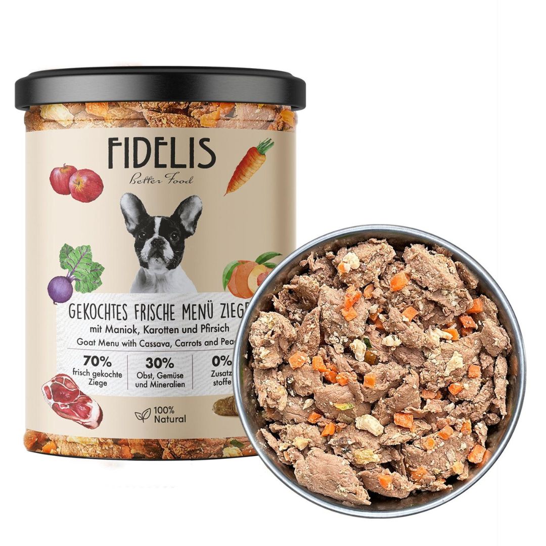 Fidelis-Menú cocinado en tarro de cabra con yuca, zanahoria y melocotón